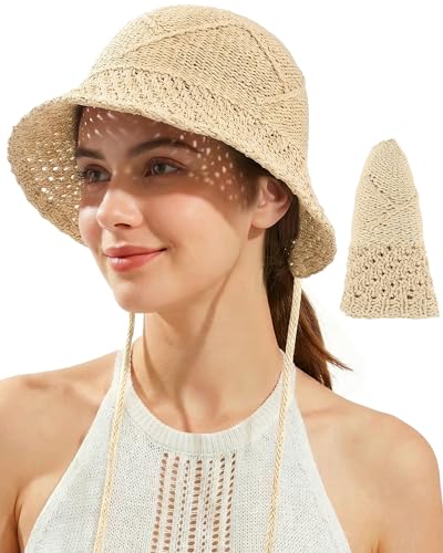 Ababalaya Women’s Lightweight Cotton Crochet Bucket Hat - color: Apricot