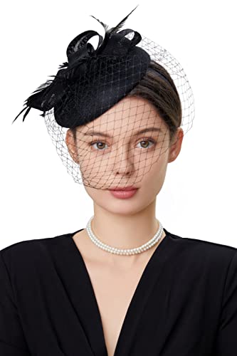 BABEYOND Fascinators Hats for Women Pillbox Veil Tea Party Derby Headband - color: Black