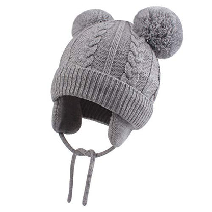 Duoyeree Toddler Winter Hat, Earflap Double Pom Pom Knit Beanie 0-36M - color: Poms-grey, size: 6-12 Months