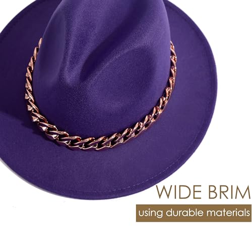 Men & Women Wide Brim Fedora Hat with Chain Buckle - color: Chain Belt-purple