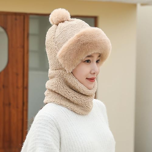 One-Piece Hat Womens Winter Warm Elastic Soft Ear Protection Knitted Scarf Mask Hat Fleece Lined Beanie Hat - color: H-khaki