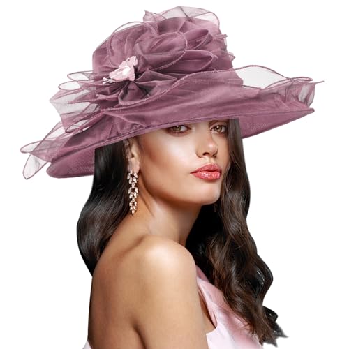 AQOKKA Women Organza Church Fascinators Kentucky Derby Hats for Women and Girls Wedding Flower Tea Party Hat with Wide Brim - color: Simulated Flower : Dark Purple