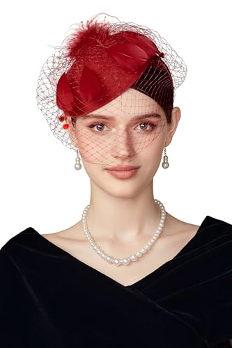 BABEYOND Fascinators Hats for Women Tea Party Pillbox Derby Wedding Hat - color: Winered