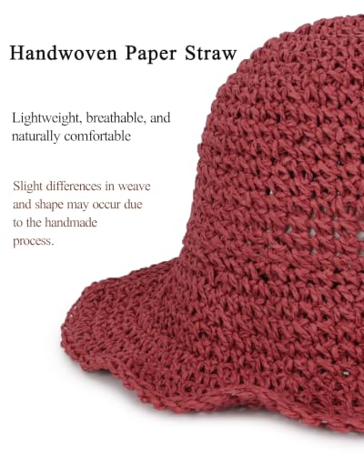 Womens Crochet Straw Sun Hat Foldable Floppy Wide Brim Beach Hat for Summer - color: Dark Red