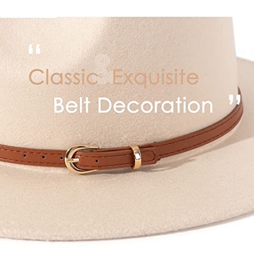Lisianthus Women Classic Felt Fedora Wide Brim Hat with Belt Buckle - color: R Brown Belt-creamy