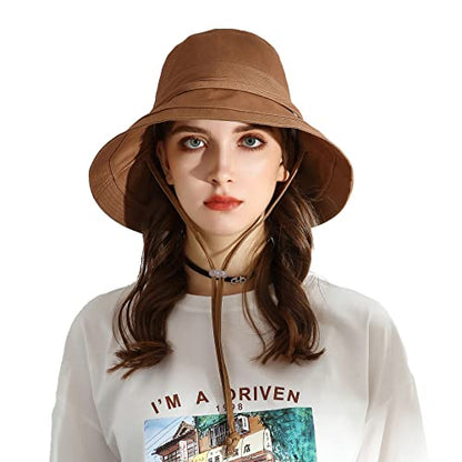 URSFUR Women Summer Sun Large Brim Hats Foldable Beach Hat Cotton UPF 50+ Sun Protection Cap - color: Brown