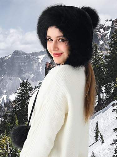 LA CARRIE Women's Faux Fur Hat with 3 Pom Pom for Cold Winter SKI Earflaps - color: Black