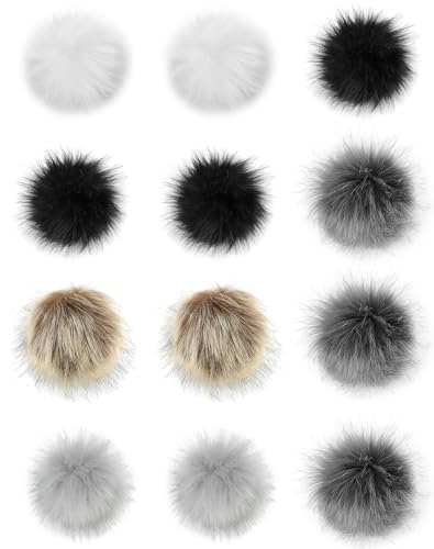 QWORK Faux Fox Fur 3.94" DIY Pom Pom Balls, Colorful Fluffy Craft Pompoms with Elastic Loops for Knitting Hat, Shoe Accessories, Bag Charms, 12 Pcs