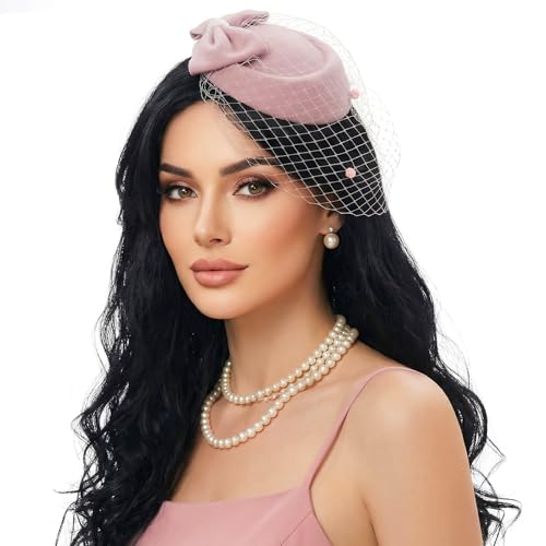 Fascinator Hat for Women Veil Fascinators Tea Party Wedding Retro Pillbox Hats for Cocktail Dresses Accessories - color: Dusty Pink