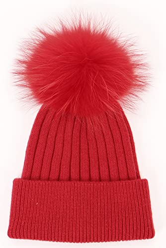 Women's Winter Ribbed Cuffed Beanie Skull Cap with Genuine Raccoon Fur Pom - color: Rc Red