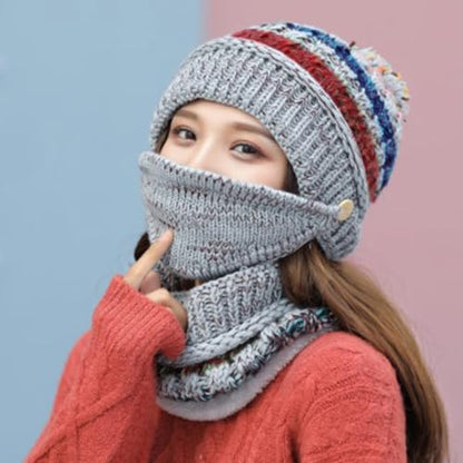 Ypser Women's Winter Warm Knitted Crochet Hat Fleece Lined Cable Faux Fur Pom Pom Beanie Hat Skull Cap - color: Grey 3 Pcs Set (Hat & Scarf & Face Mask)
