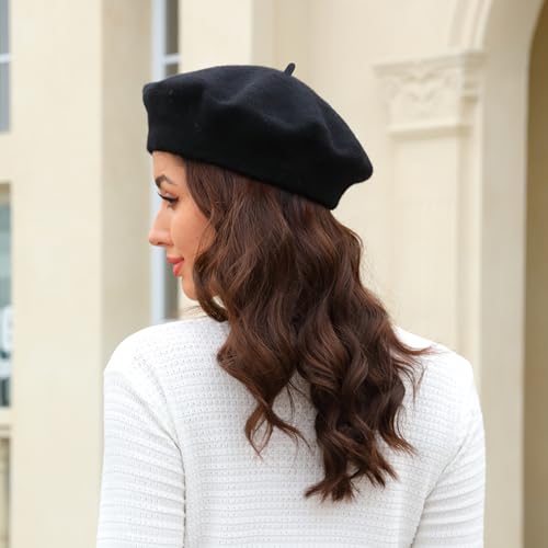 Wheebo Wool Beret Hat,Solid Color French Style Winter Warm Cap for Women Girls Lady - color: Black
