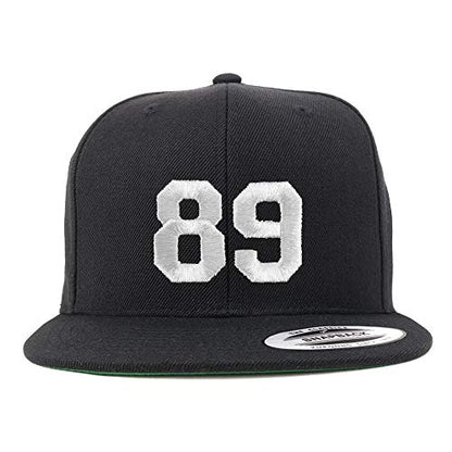 Trendy Apparel Shop Number 89 White Thread Embroidered Flat Bill Snapback Baseball Cap - color: Black