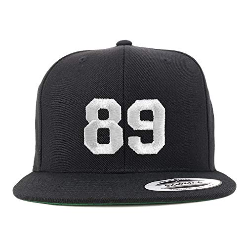 Trendy Apparel Shop Number 89 White Thread Embroidered Flat Bill Snapback Baseball Cap - color: Black
