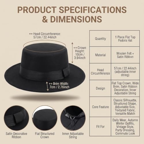 Unisex Classic Felt Fedora Hat, Wide Brim Pork Pie Derby Hat