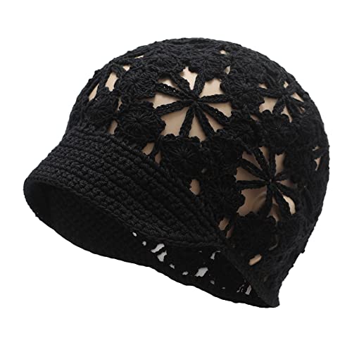 ZLYC Women Summer Slouchy Crochet Hat Handmade Cutout Skull Cap with Visor - color: Plain Black, size: One Size