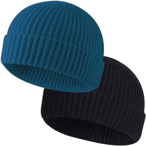 ROYBENS Wool Fisherman Beanies for Men Knit Short Watch Cap Winter Warm Hat - color: 2pcs-black+steel Blue
