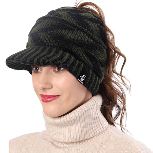 Women's BeanieTail Warm Knit Hat Messy High Bun Ponytail Visor Beanie Cap - color: B341-green, size: Medium