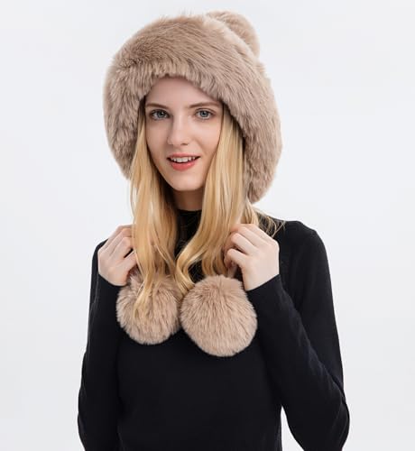 HUAMULAN Women Winter Sherpa Knit Beanie Hats Fleece Lined Ear Flaps - color: Khaki Solid