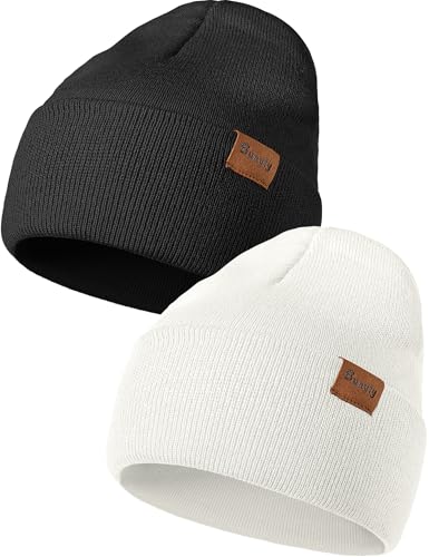 Beanie Hats for Men Women Knit Winter Hat, Warm Skull Stocking Cap, Striped Snow Hat Heated Cuffed Beanie - color: 2p-black+white