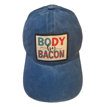 Popfizzy Funny Hats for Men and Women, Fun Adult Baseball Cap, Funny Birthday Gifts for Women and Men, Cool Dad Hat Gift Idea - color: Body By Bacon (Blue)