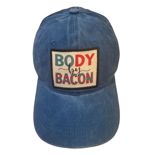 Popfizzy Funny Hats for Men and Women, Fun Adult Baseball Cap, Funny Birthday Gifts for Women and Men, Cool Dad Hat Gift Idea - color: Body By Bacon (Blue)