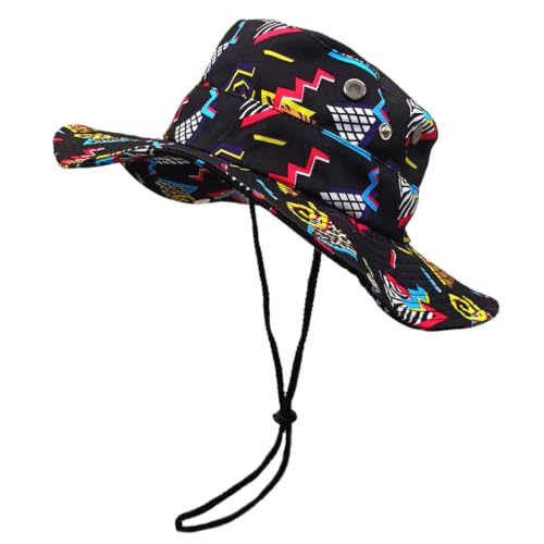 Sun Bucket Hat for Men Women Fishing Beach Safari Trendy Cotton Cowboy Cap for Golf Hiking Hunting Outdoor Boonie - color: Colorful Geometric