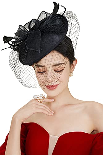 BABEYOND Fascinators Hats for Women Pillbox Kentucky Hat with Feather Veil - color: Black