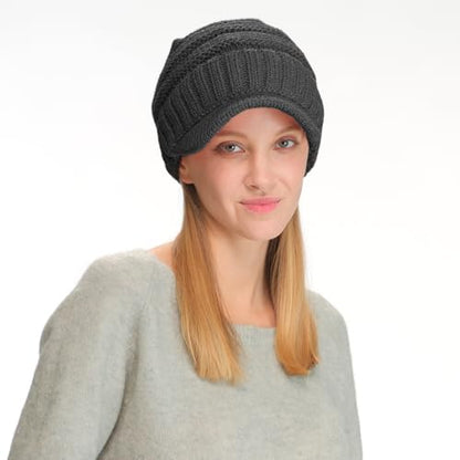 C.C Trendy Warm Oversized Chunky Soft Oversized Ribbed Slouchy Knit Hat with Visor Brim - color: Charcoal Grey