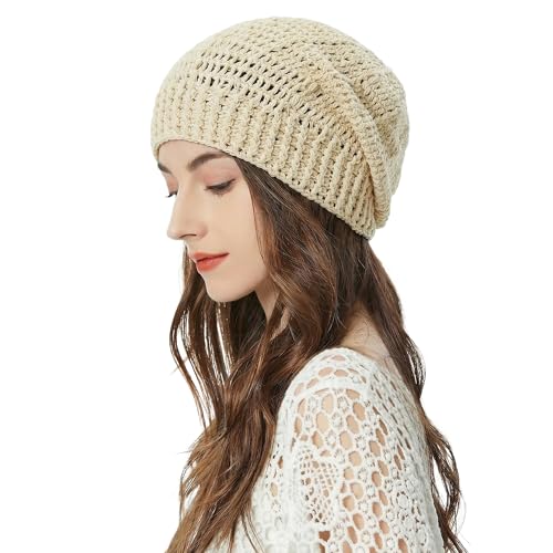 ZLYC Women Cotton Crochet Slouchy Beanie Hat Handmade Knit Summer Skull Cap - color: Beige