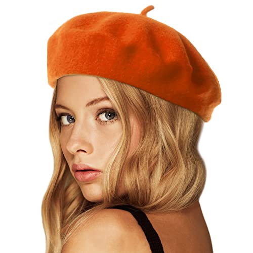 Wheebo Wool Beret Hat,Solid Color French Style Winter Warm Cap for Women Girls Lady - color: Tangerine