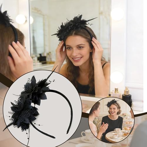 Fascinators for Women Ribbon Feather Tea Party Headwear - color: Black
