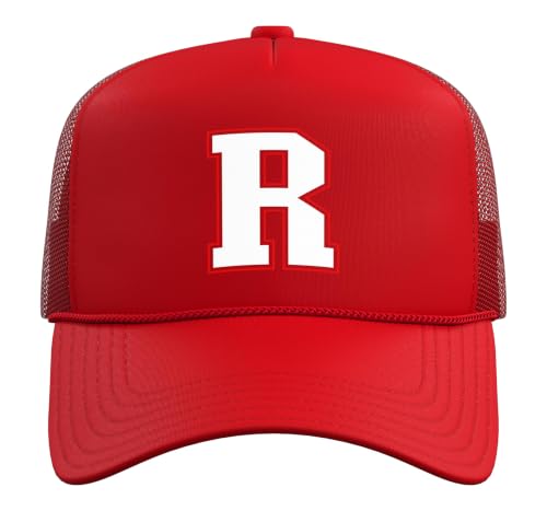 Initial R Monogram R Letter R Capital Alphabet Trucker Hat with Adjustable Mesh Back - color: Red