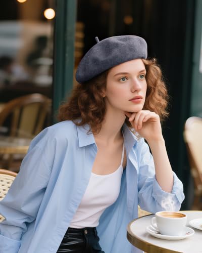 French Beret Hats for Women - Wool Solid Color Beanie Cap - color: Black Ash