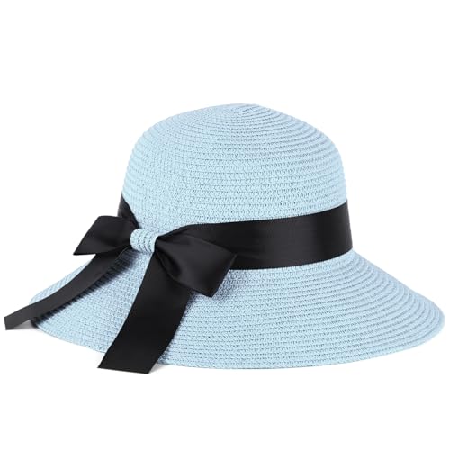 Sun Straw Hat for Women with Wind Lanyard Wide Brim Foldable Beach Summer Hats Womens UV 50+ Protection Bowknot Cap - color: Light Blue