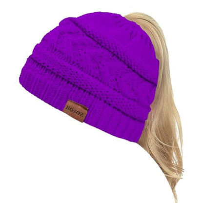 Rosoz 2 Pack Ponytail Beanie for Women,Winter Warm Beanie Tail Soft Stretch Cable Knit Messy High Bun Hat - color: 1pack-purple