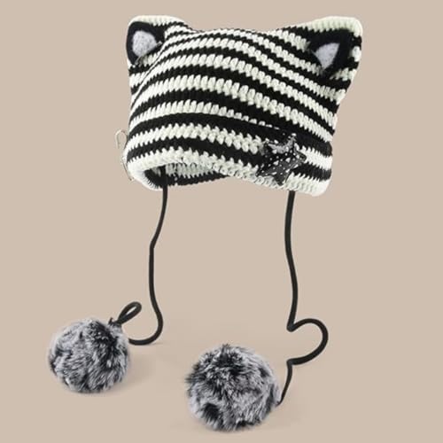 Women Kawaii Cat Ear Beanie Hat with Star Pom Poms Y2K Cute Crochet Goth Grunge Emo Alt Accessories Knit Slouchy Hat - color: White Black