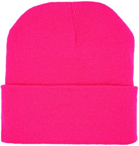 KBETHOS Made in USA Classic Men's Women's Cuffed Folded Acrylic Knit Beanie Hat Solid Unisex Cold - color: 5. Hot Pink Solid Long Beanie