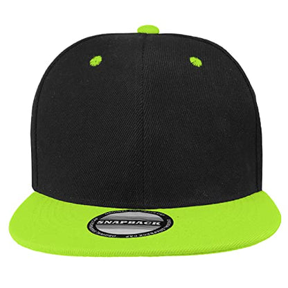 Falari Wholesale 12 Pack Snapback Hat Cap Hip Hop Style Flat Bill Blank Solid Color Adjustable Size - color: 12-pack Black/Neongreen