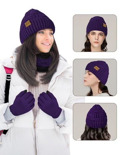 Loritta 3-Pieces Winter Hats for Women Warm Scarf Touchscreen Gloves - color: Violet