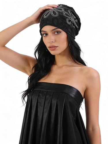 Crochet Slouchy Beanie Hat Turbans Headware for Women - color: Bea07 - Black
