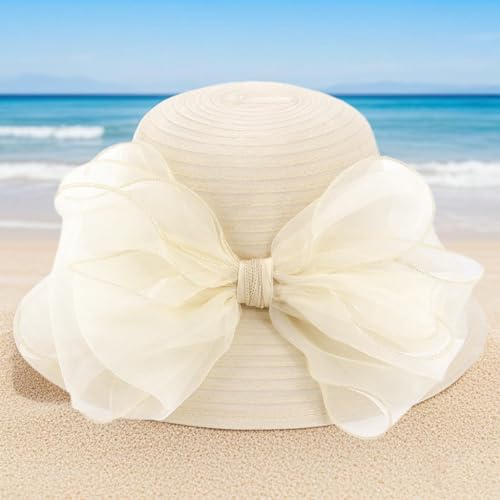 Haoohu Women's Church Derby Hat Wide Brim Bow Bucket Hat Wedding Dress Hat Fascinator Bridal Tea Party Hat - color: Beige