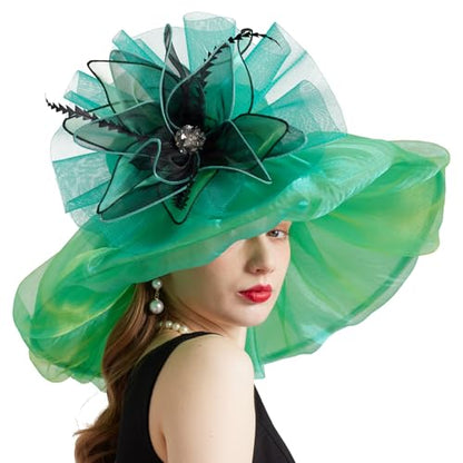 Women Organza Church Derby Hat Wide Brim Sun Caps for Wedding Tea Party Hat with Detachable hat Flower as Headgear - color: 10-green