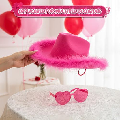 4E's Novelty Cowboy Hat with feathers With Heart Shaped Sunglasses for Women, Felt Cowgirl Hat for Party Costume Dress Up - color: Hot Pink