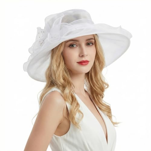 Tea Party Hats for Women Wide Brim Organza Fascinators Hats Elegant Sun Hat for Wedding Cocktail Tea Party Dresses - color: White