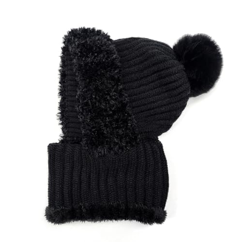 HUAMULAN Women Winter Knit Beanie Hats One Piece Fleece Lined Balaclavas - color: Black + Faux Fur