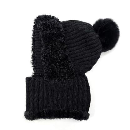 HUAMULAN Women Winter Knit Beanie Hats One Piece Fleece Lined Balaclavas - color: Black + Faux Fur