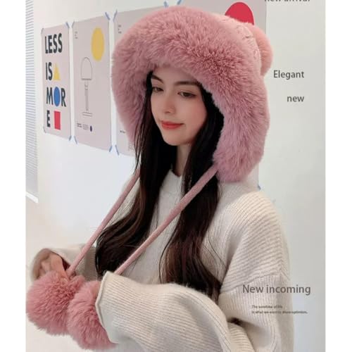 Winter Pompom Beanie Hats for Women Fluffy Knit Skull Cap Womens Faux Fur Crochet Warm Bucket Outdoor Ear Cover - color: Pink