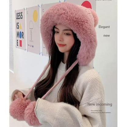 Winter Pompom Beanie Hats for Women Fluffy Knit Skull Cap Womens Faux Fur Crochet Warm Bucket Outdoor Ear Cover - color: Pink