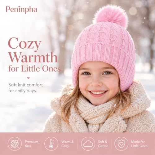 Toddler Baby Winter Hat with Earflap Kids Warm Twisted Knit Hat Infant Pom Pom Beanie Ski Cap for Baby Girls Boys - color: Pink, size: 6-24 Months